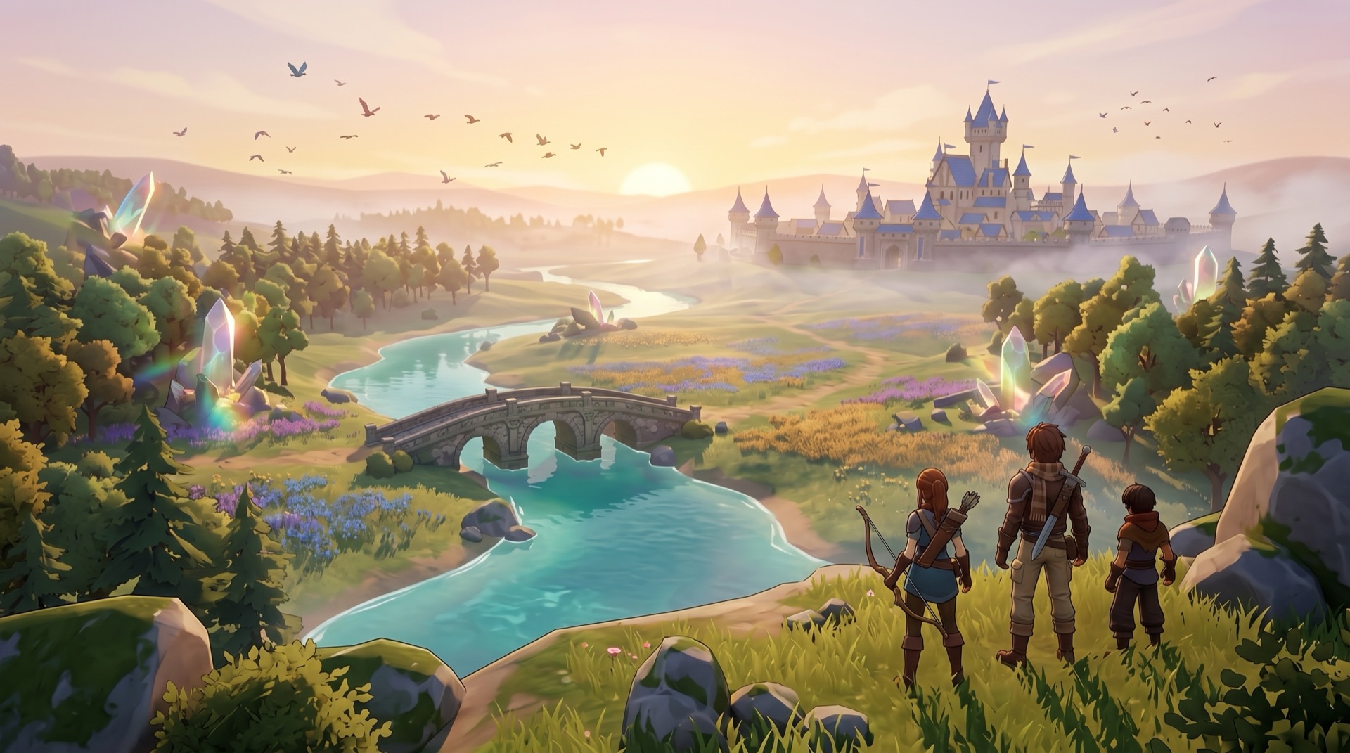 Vista panoramique d'Asteria : trois aventuriers surplombent la vallée, son pont, sa rivière et la cité au loin
